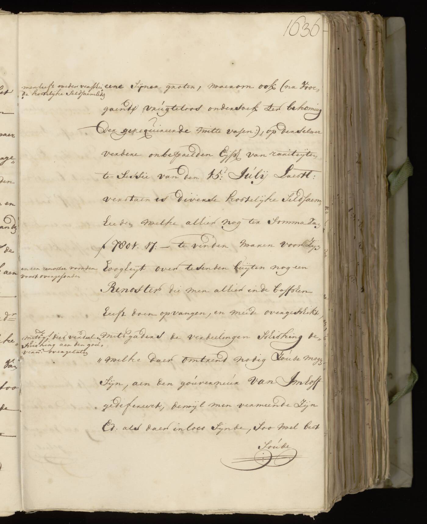 A handwritten page from Batavia’s 1739 correspondence, with a reference to a rhinoceros in the lower half of the page.