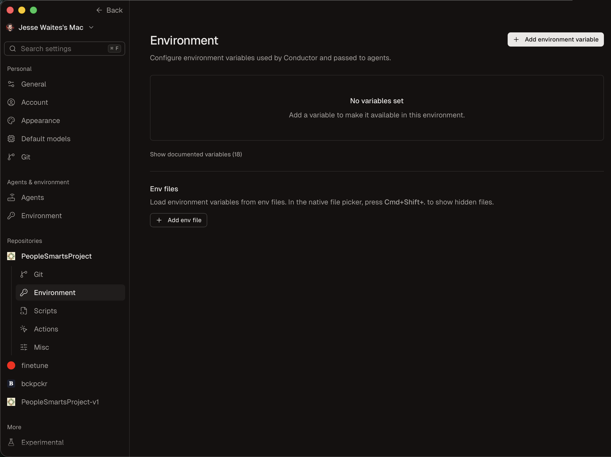 Conductor repository settings, Environment page