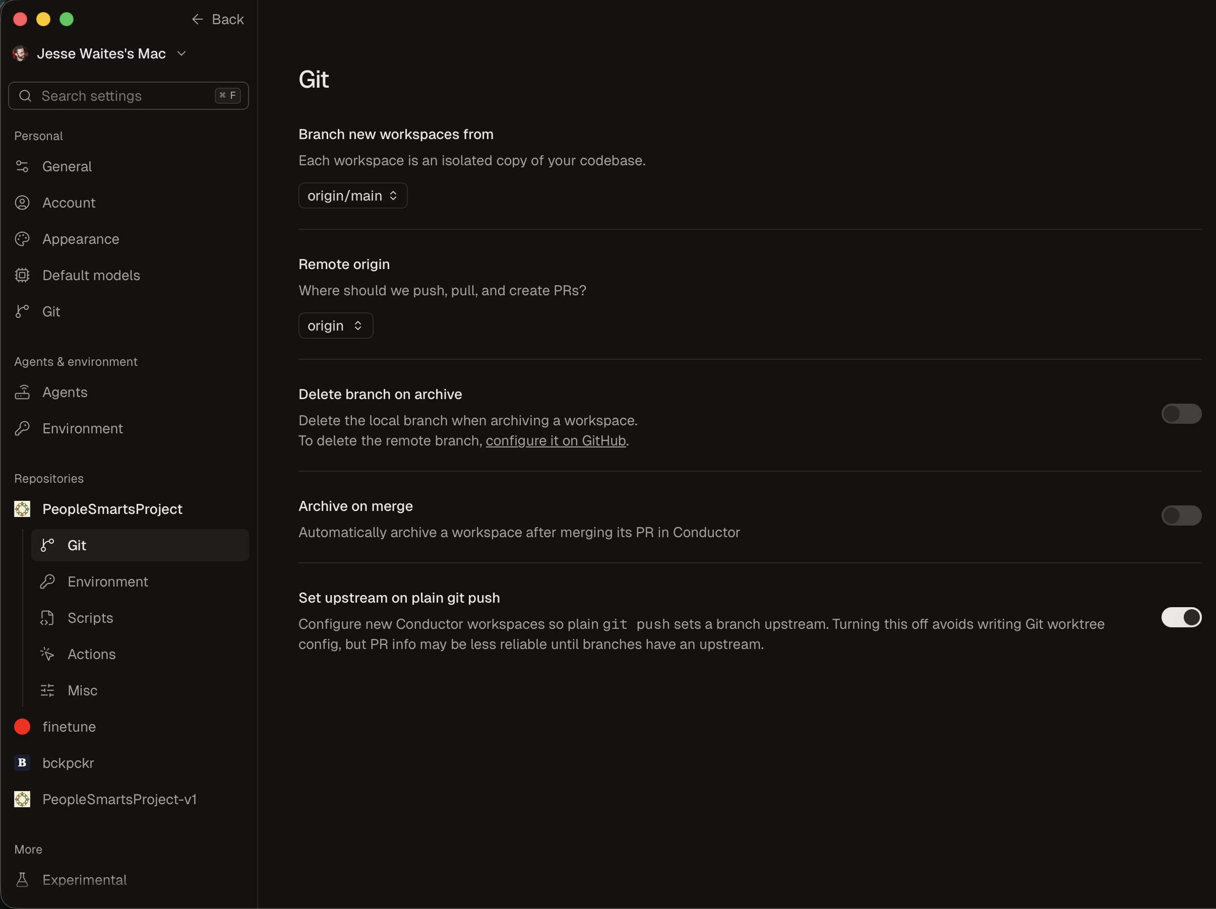 Conductor repository settings, Git page
