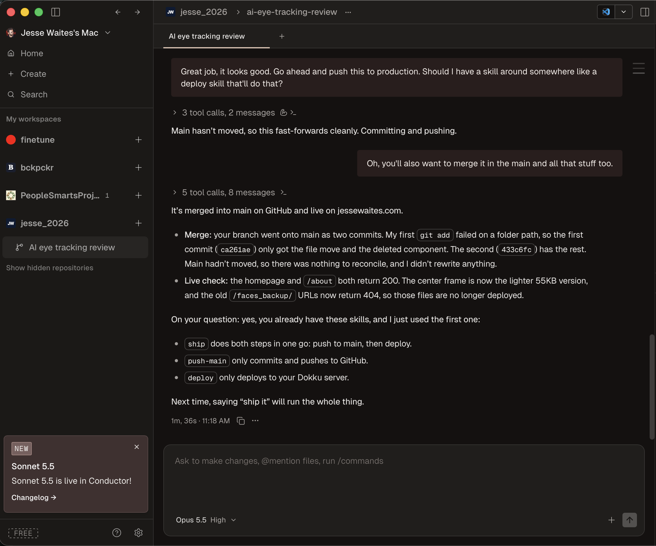 The same Conductor workspace after the change was merged and deployed